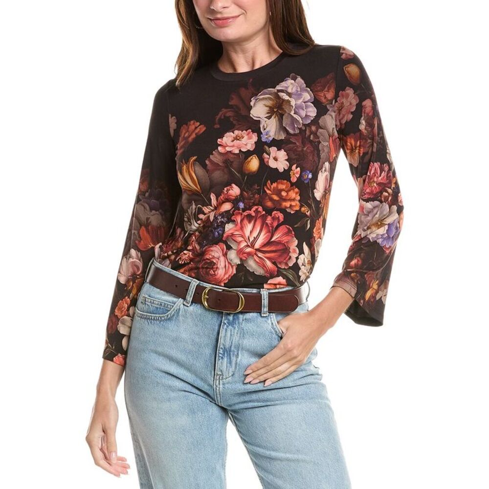 Johnny Was Womens Petite The Janie Favorite Flare Sleeve Crewneck Top, Brown
